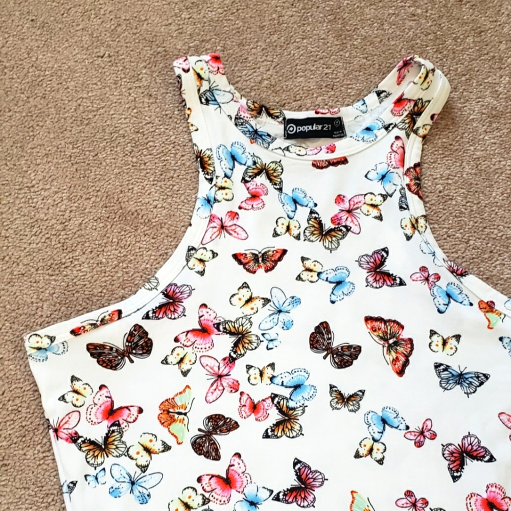 High neck racerback bodycon white w butterflies dress sz Small